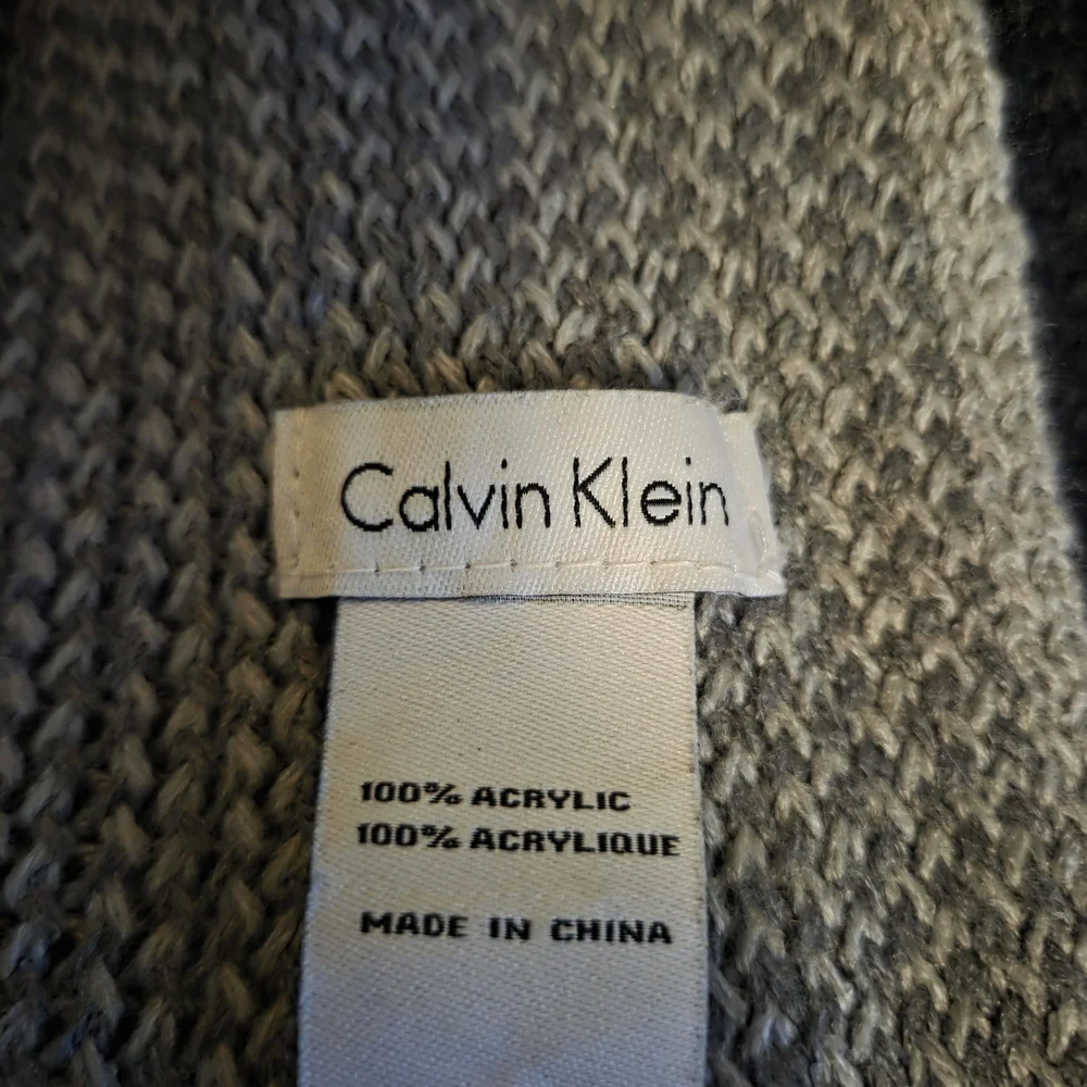 Calvin Klein Gray & Black Logo Knit Scarf | Fringe Winter Scarf